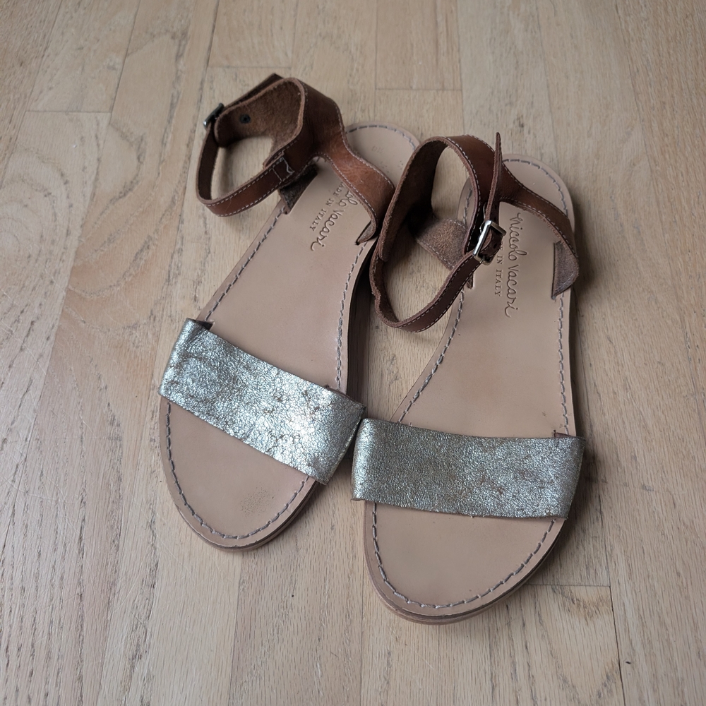 Nicolo Vacari Gold And Brown Leather Sandals Size 8.5